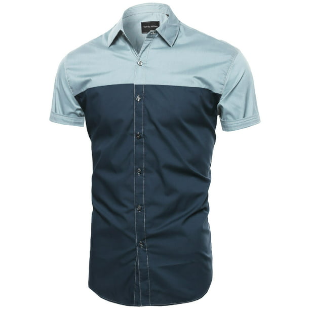 mydeshop Men Color Block Button Down Long Sleeve Work Dress Shirt Tops Blouses 
